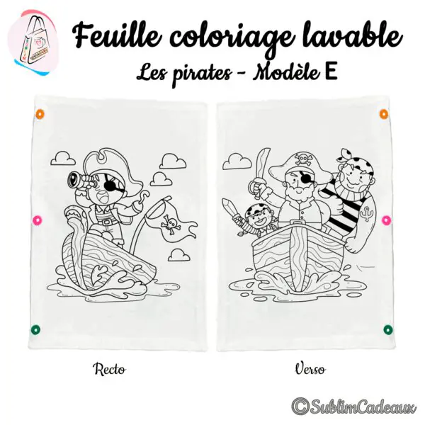 Feuille de coloriage lavable en tissu, un pirate à la longue-vue sur sa barque au recto et trois pirates au verso