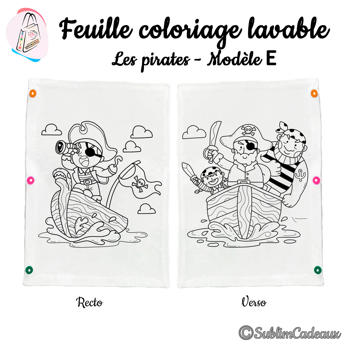Feuille de coloriage lavable en tissu, un pirate à la longue-vue sur sa barque au recto et trois pirates au verso