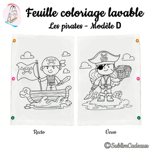 Tissu à colorier lavable, un pirate tenant un drapeau au recto et un pirate au coffre au trésor au verso, dessins imprimés