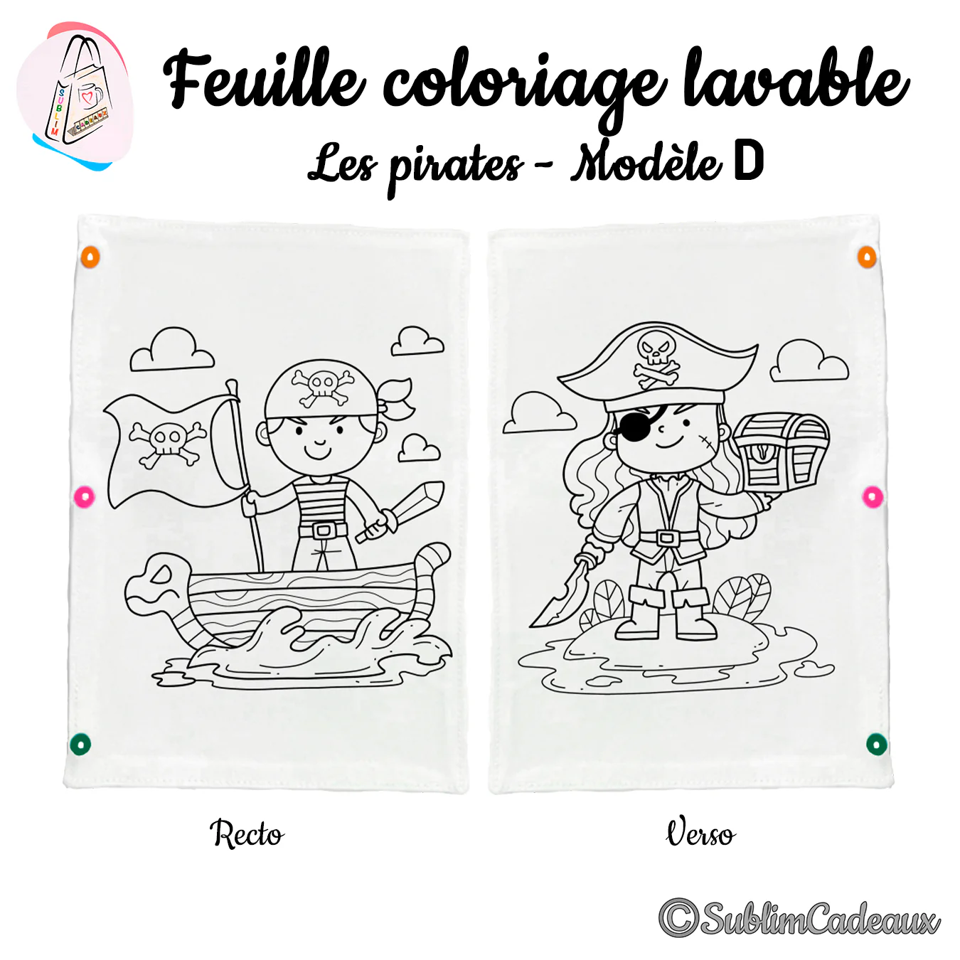 Tissu à colorier lavable, un pirate tenant un drapeau au recto et un pirate au coffre au trésor au verso, dessins imprimés