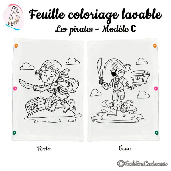 Coloriage lavable sur tissu, deux pirates armés de sabres avec leur coffre au trésor imprimés au recto et au verso