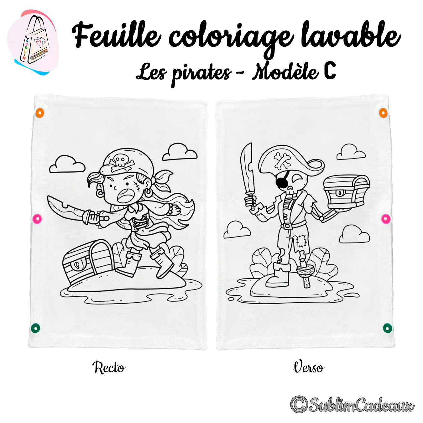 Coloriage lavable sur tissu, deux pirates armés de sabres avec leur coffre au trésor imprimés au recto et au verso