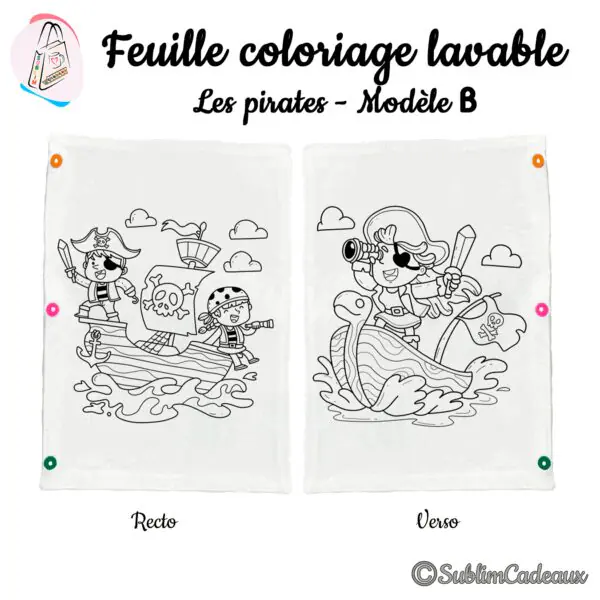 Feuille de coloriage lavable en tissu, deux pirates sur un navire à voile tête de mort au recto et un pirate au verso