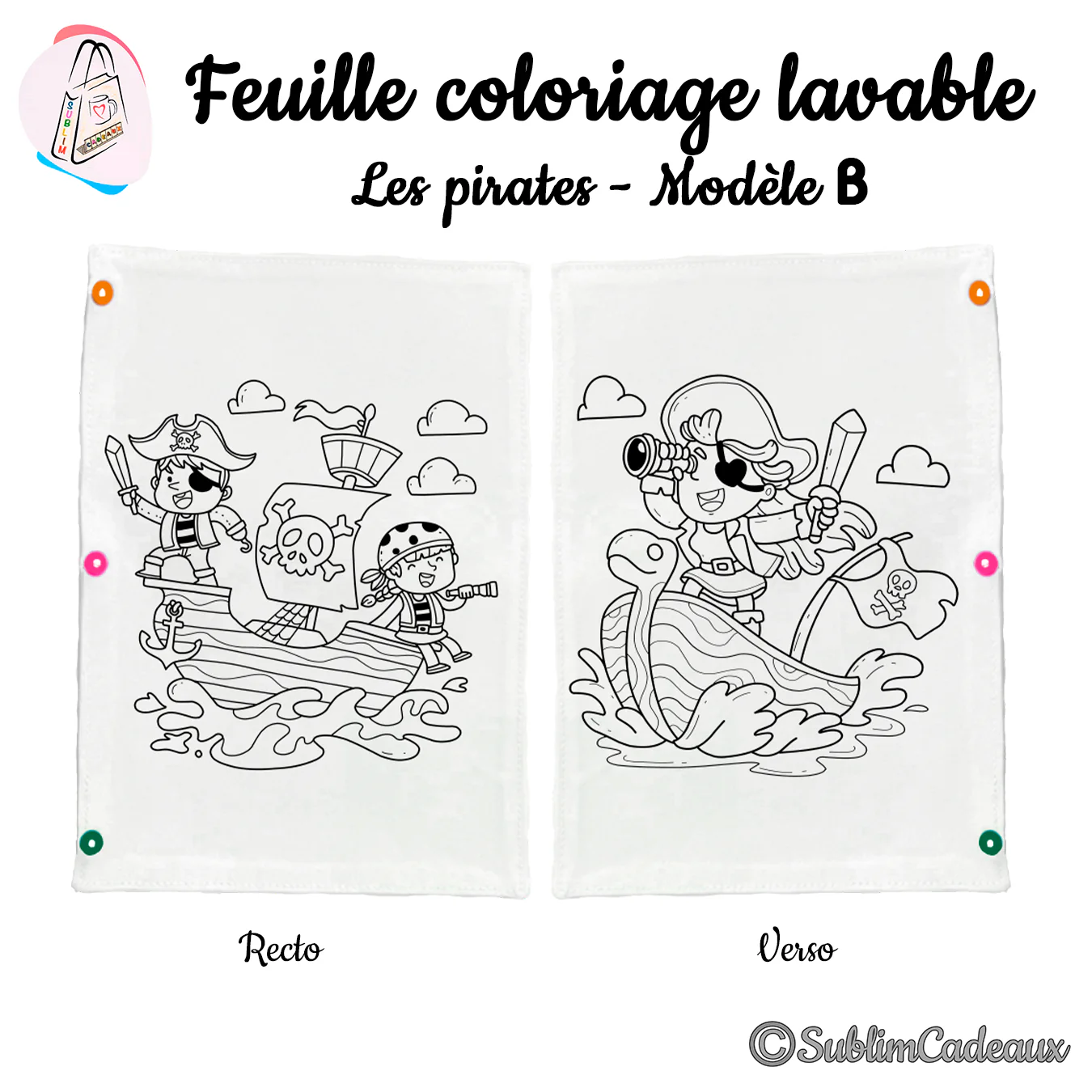 Feuille de coloriage lavable en tissu, deux pirates sur un navire à voile tête de mort au recto et un pirate au verso