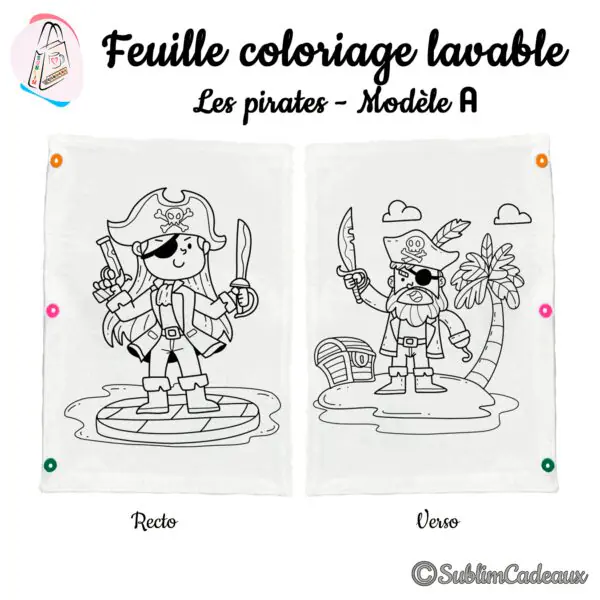 Tissu de coloriage lavable, un capitaine pirate armé au recto et un pirate barbu sur son île au verso, dessins imprimés