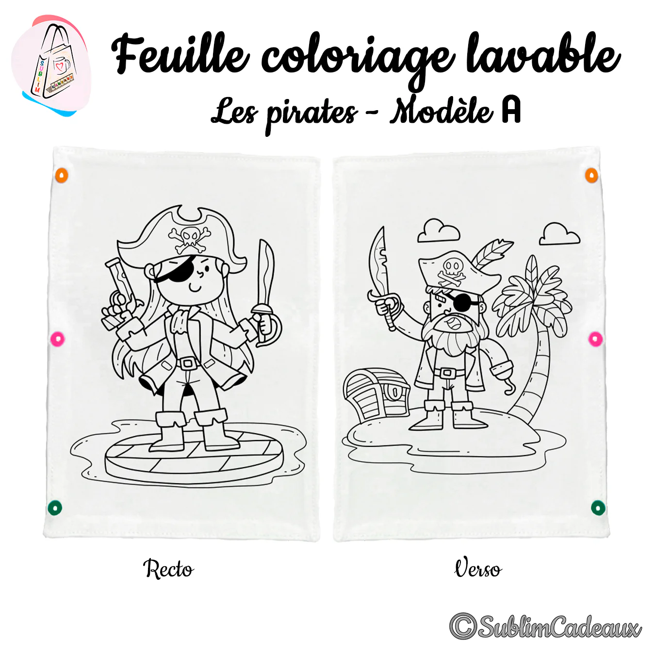 Tissu de coloriage lavable, un capitaine pirate armé au recto et un pirate barbu sur son île au verso, dessins imprimés