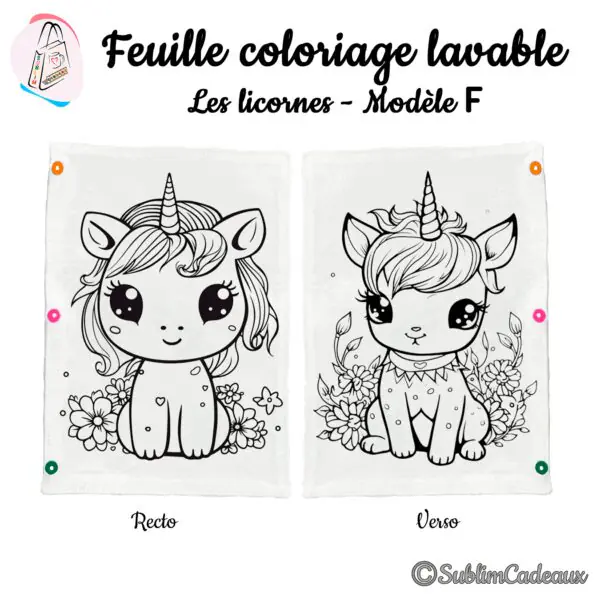Feuille de coloriage lavable en tissu, deux bébés licornes assises parmi les fleurs imprimées au recto et au verso