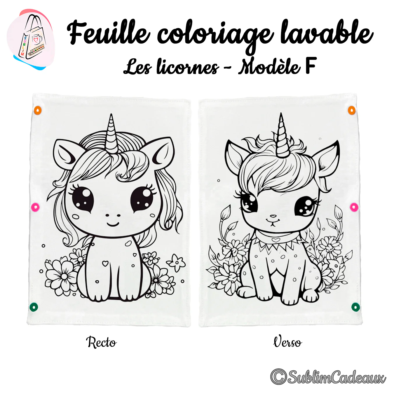 Feuille de coloriage lavable en tissu, deux bébés licornes assises parmi les fleurs imprimées au recto et au verso