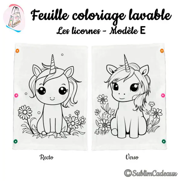 Tissu à colorier lavable, contours imprimés de deux petites licornes entourées de fleurs, au recto et au verso