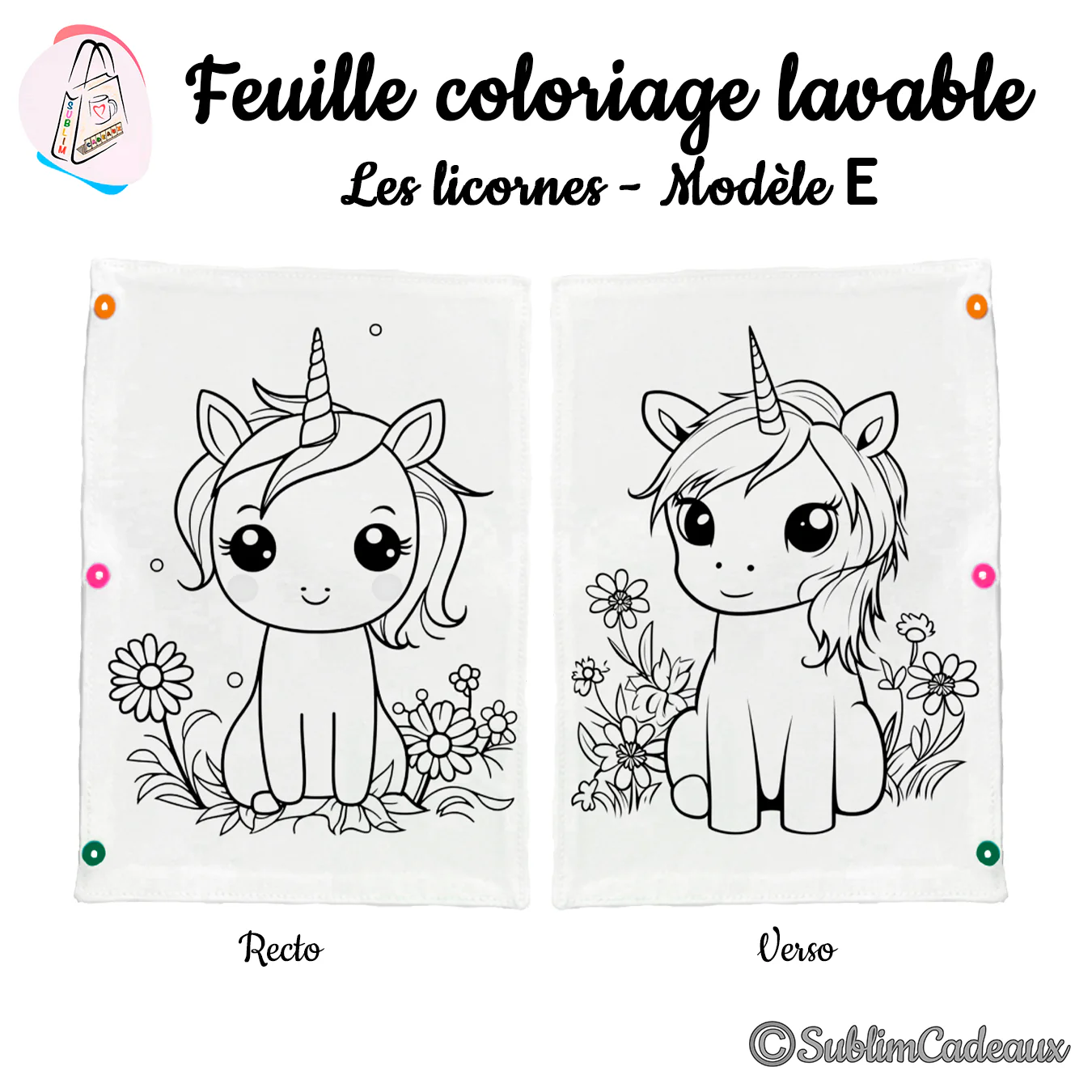 Tissu à colorier lavable, contours imprimés de deux petites licornes entourées de fleurs, au recto et au verso