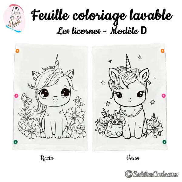 Coloriage lavable sur tissu, une licorne fleurie au recto et une licorne au panier de fleurs et étoiles au verso