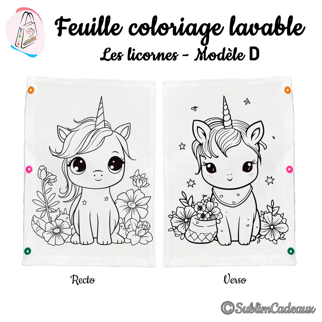 Coloriage lavable sur tissu, une licorne fleurie au recto et une licorne au panier de fleurs et étoiles au verso