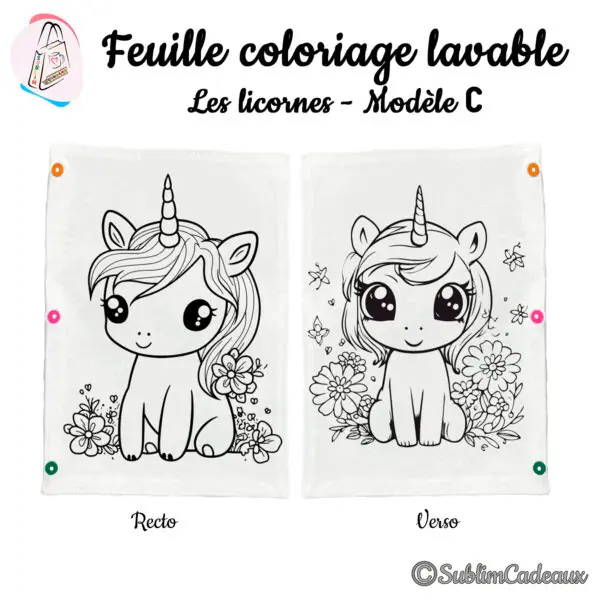 Feuille de coloriage lavable en tissu blanc, deux licornes assises parmi des fleurs, contour noir à colorier, recto verso