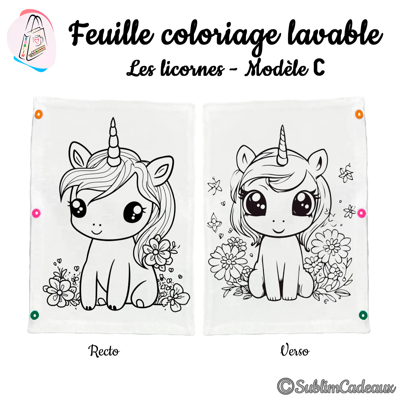 Feuille de coloriage lavable en tissu blanc, deux licornes assises parmi des fleurs, contour noir à colorier, recto verso