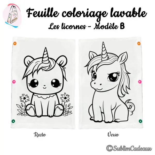 Coloriage lavable sur tissu blanc, deux petites licornes au trait noir, l'une posée près de fleurs, à colorier recto verso