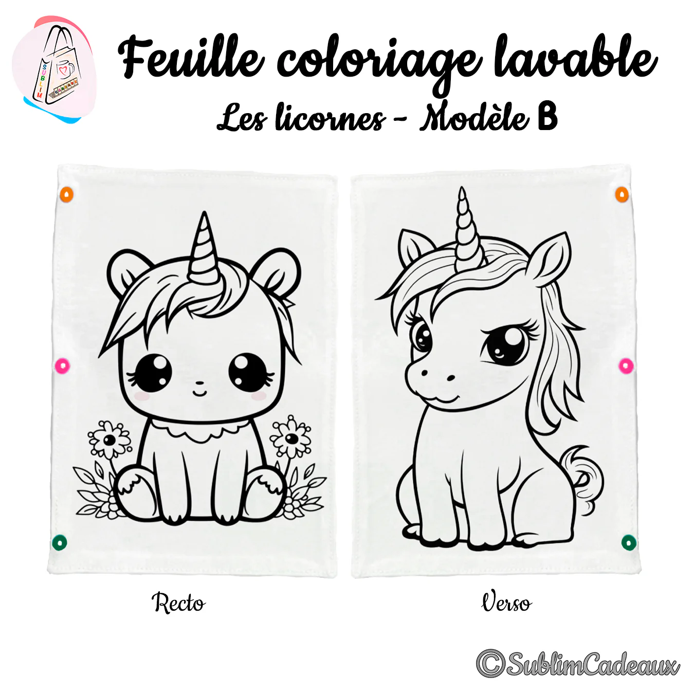 Coloriage lavable sur tissu blanc, deux petites licornes au trait noir, l'une posée près de fleurs, à colorier recto verso