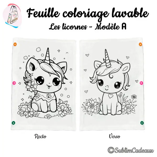 Deux petites licornes entourées de fleurs, cœurs et étoiles, dessin au trait noir sur feuille de coloriage lavable