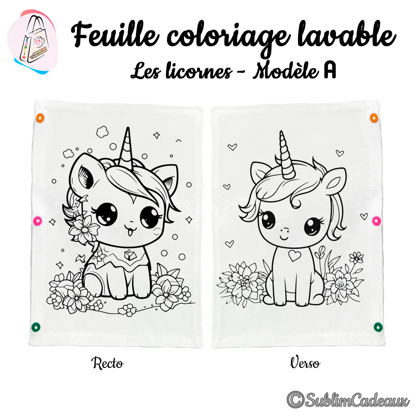 Deux petites licornes entourées de fleurs, cœurs et étoiles, dessin au trait noir sur feuille de coloriage lavable