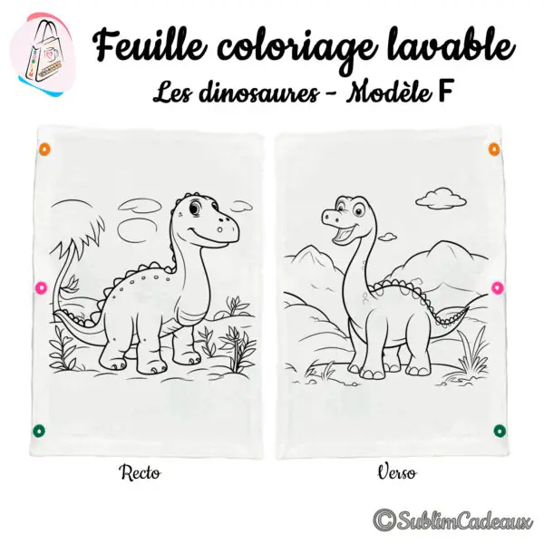 Sur tissu blanc, deux dinosaures au long cou dans un paysage de collines et nuages, contour noir à colorier, recto verso