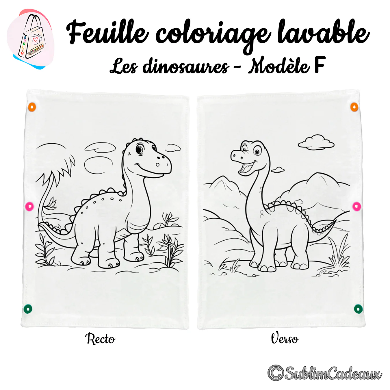 Sur tissu blanc, deux dinosaures au long cou dans un paysage de collines et nuages, contour noir à colorier, recto verso