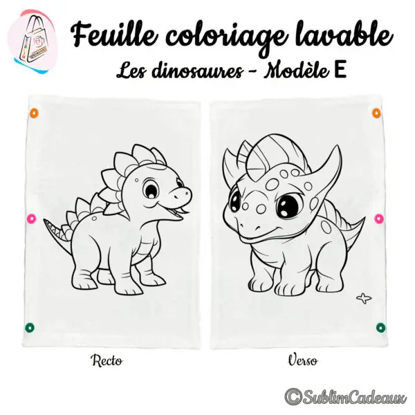 Bébés dinosaures à plaques et collerette, dessin au trait noir sur feuille de coloriage lavable blanche, recto verso