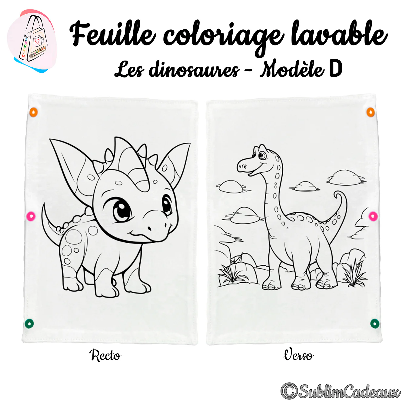 Motif au trait noir sur feuille de coloriage lavable, un dinosaure à collerette et un dino au long cou, recto verso