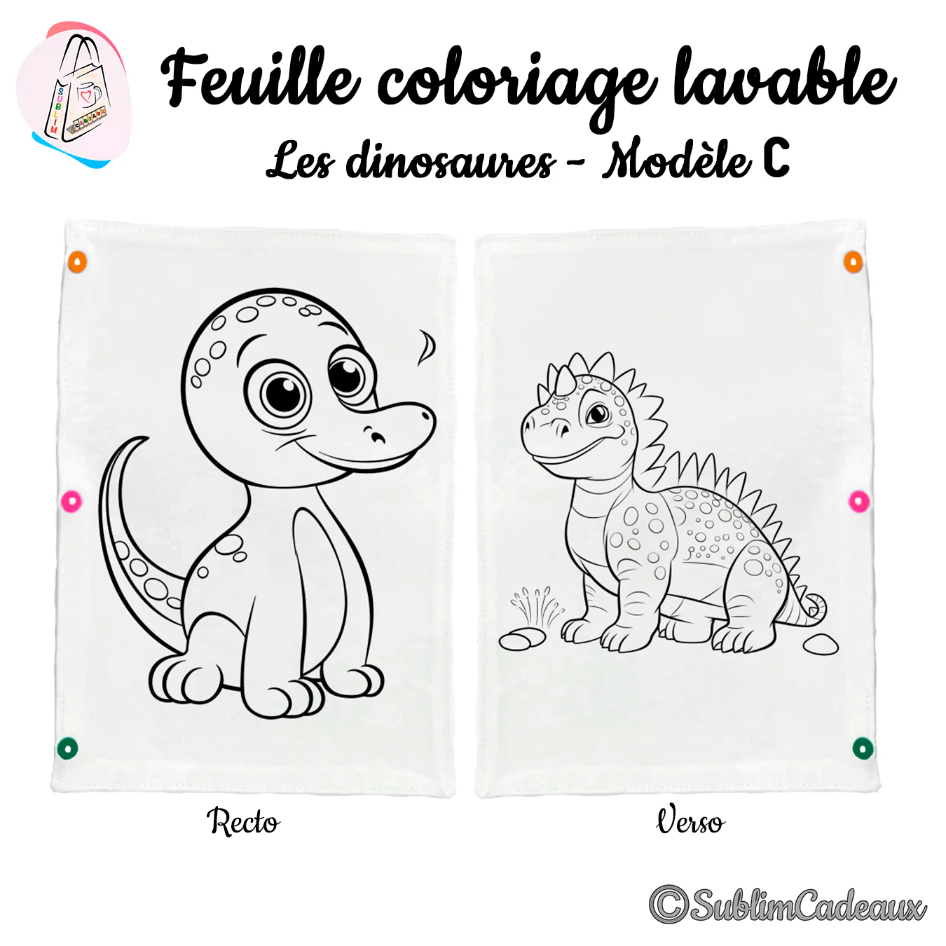 Dessin au trait noir à colorier sur tissu blanc, un dinosaure au long cou et un dino au dos hérissé, recto verso