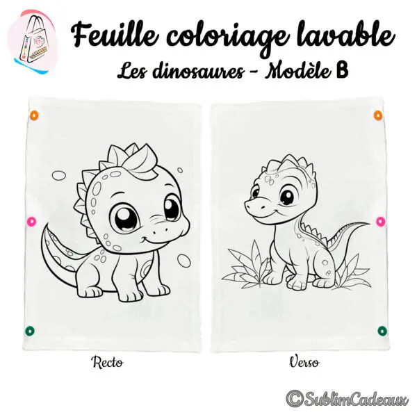 Feuille de coloriage lavable, deux petits dinosaures au dos épineux, l'un parmi des feuillages, trait noir à colorier