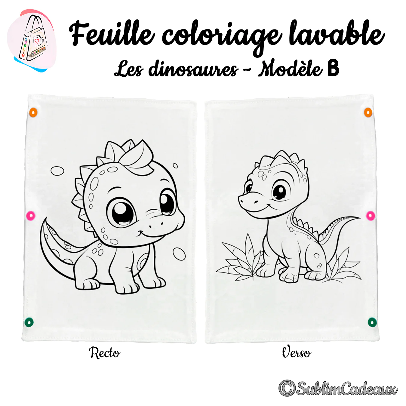 Feuille de coloriage lavable, deux petits dinosaures au dos épineux, l'un parmi des feuillages, trait noir à colorier