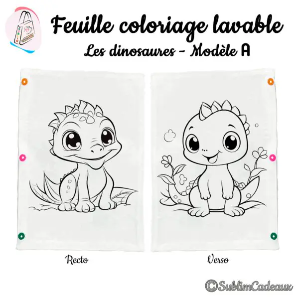 Coloriage lavable en tissu blanc, deux bébés dinosaures aux grands yeux, l'un près de fleurs, au trait noir, recto verso