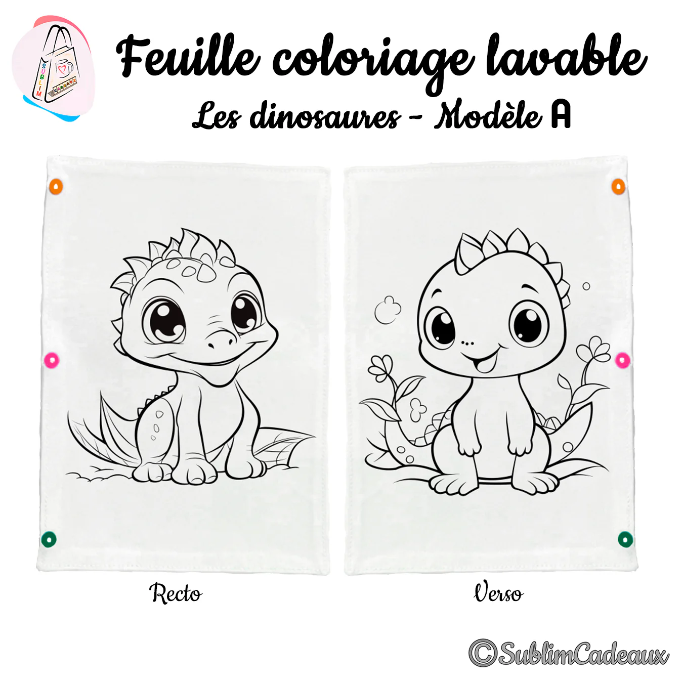 Coloriage lavable en tissu blanc, deux bébés dinosaures aux grands yeux, l'un près de fleurs, au trait noir, recto verso