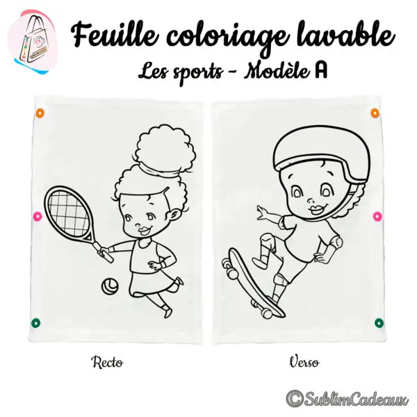 Fillette au tennis avec raquette et un enfant en skateboard, trait noir à colorier sur feuille lavable, recto verso