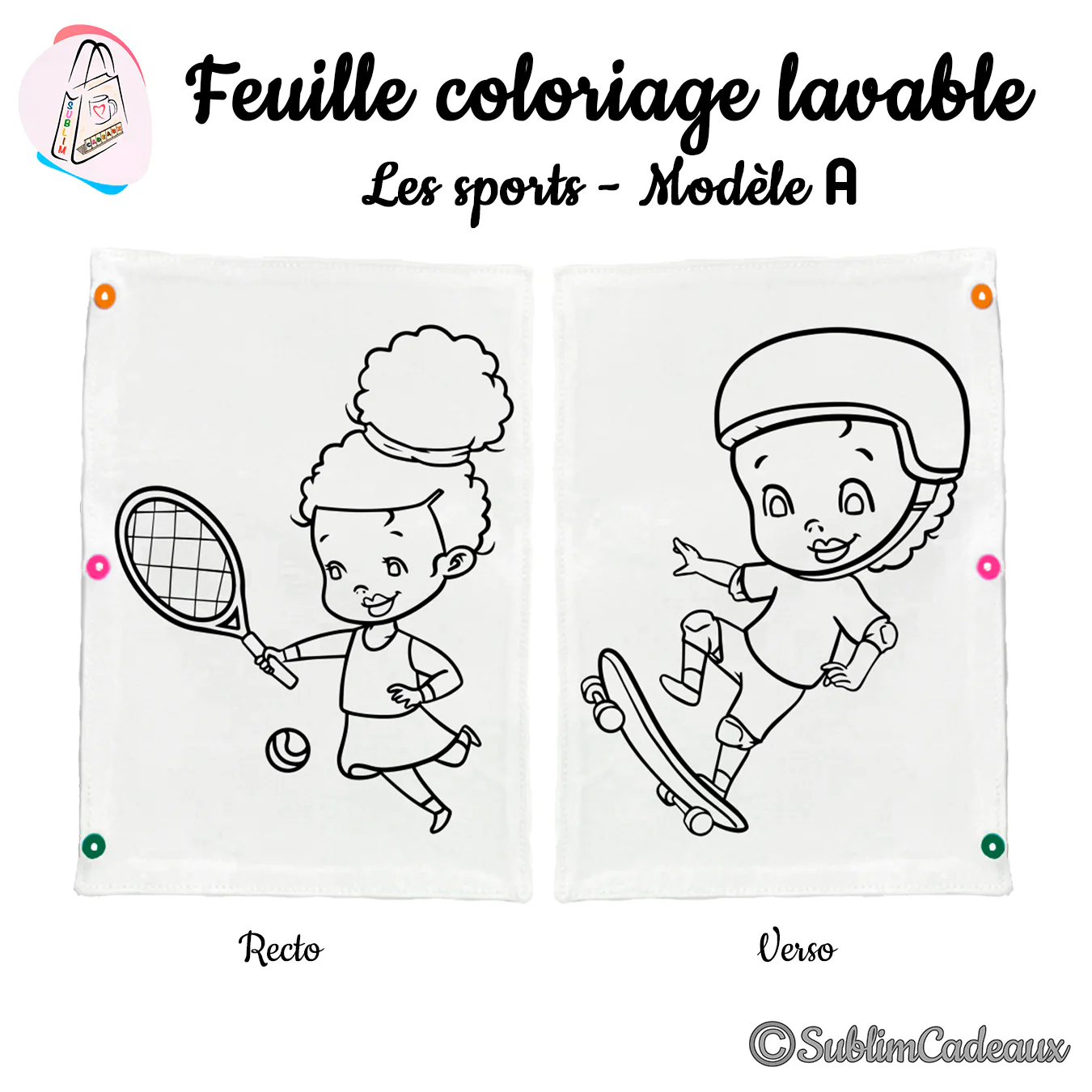 Fillette au tennis avec raquette et un enfant en skateboard, trait noir à colorier sur feuille lavable, recto verso