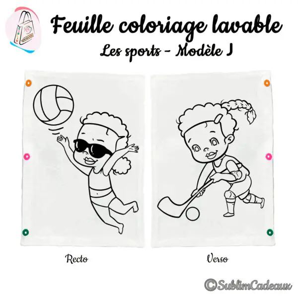 Coloriage lavable, joueuse de volley à lunettes de soleil et enfant au hockey sur gazon, trait noir à colorier, recto verso