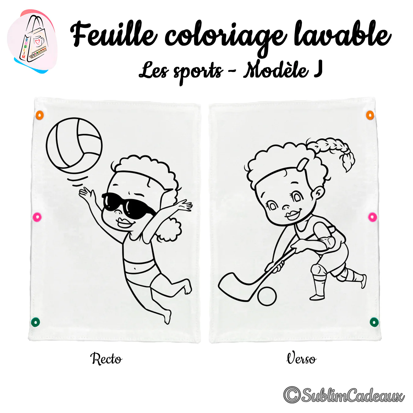 Coloriage lavable, joueuse de volley à lunettes de soleil et enfant au hockey sur gazon, trait noir à colorier, recto verso