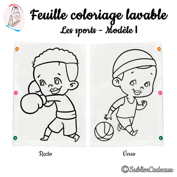 Garçon aux gants de boxe et enfant dribblant un ballon de basket, trait noir à colorier sur feuille lavable, recto verso