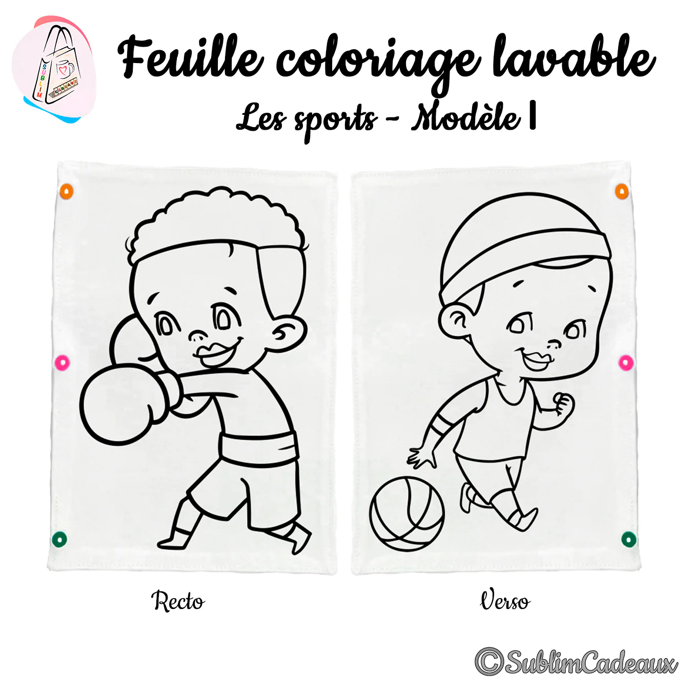 Garçon aux gants de boxe et enfant dribblant un ballon de basket, trait noir à colorier sur feuille lavable, recto verso