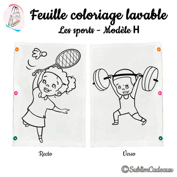 Sur tissu blanc, enfant au badminton avec volant et raquette, et un autre soulevant une haltère, trait noir à colorier