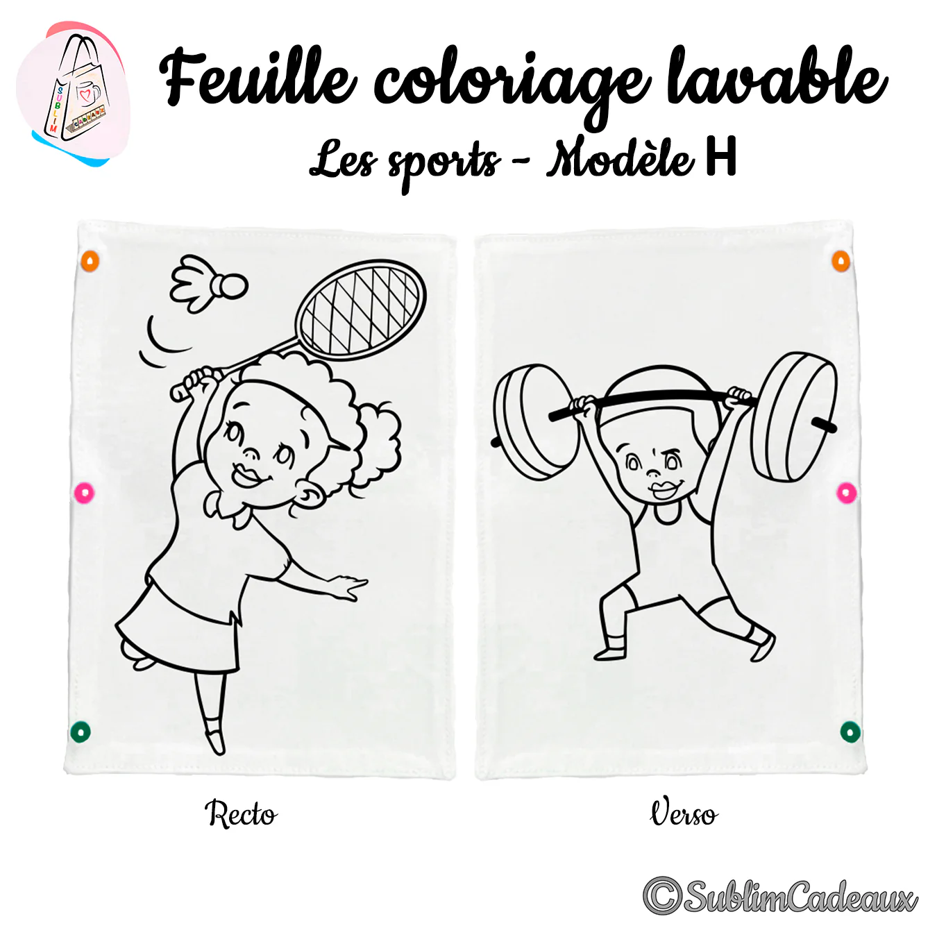 Sur tissu blanc, enfant au badminton avec volant et raquette, et un autre soulevant une haltère, trait noir à colorier