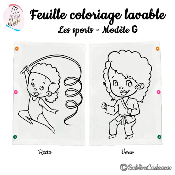 Dessin au trait noir sur feuille lavable, une gymnaste au ruban et un enfant en tenue de judo, à colorier, recto verso
