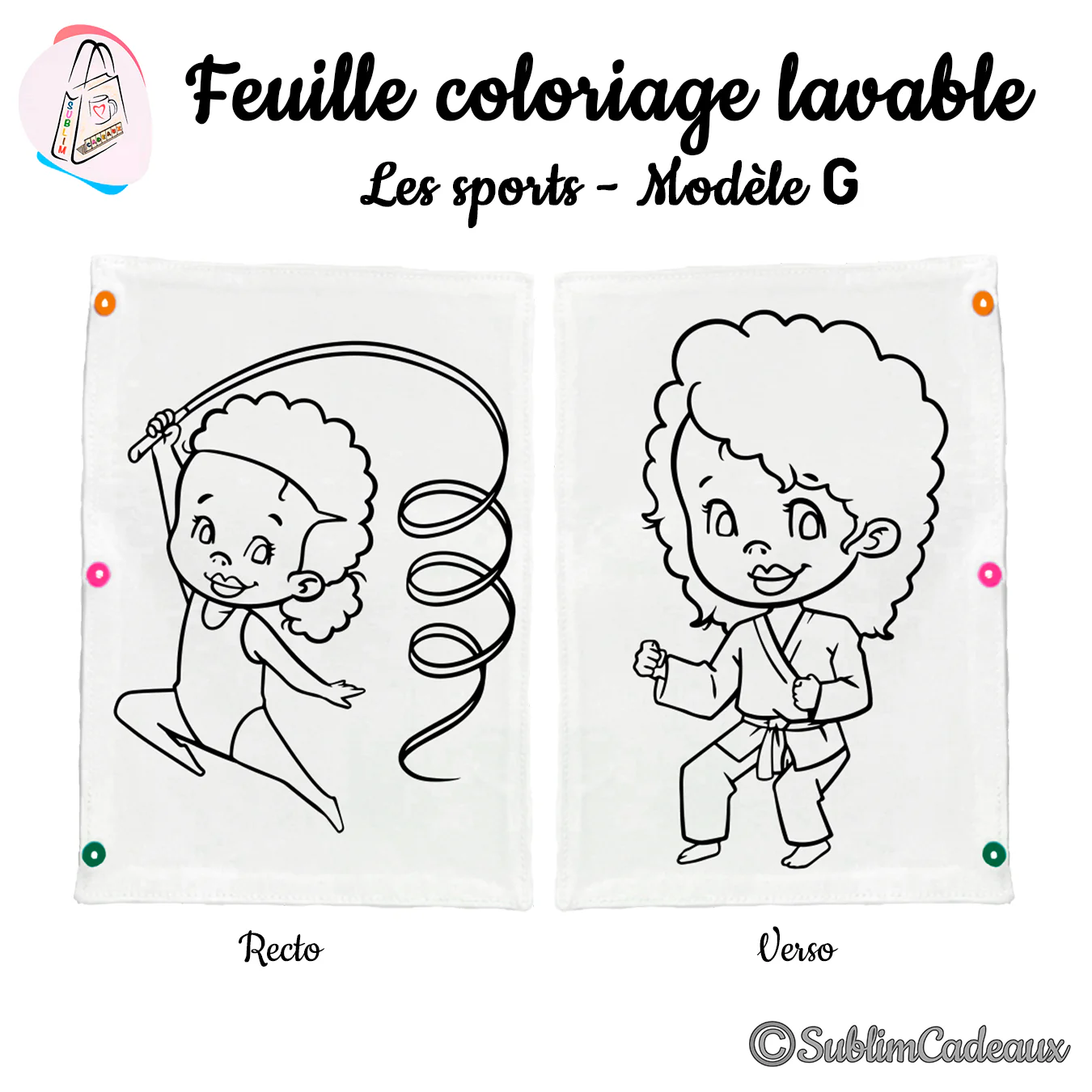 Dessin au trait noir sur feuille lavable, une gymnaste au ruban et un enfant en tenue de judo, à colorier, recto verso