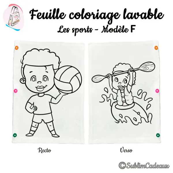 Motif au trait noir sur tissu blanc, un garçon tenant un ballon et un enfant pagayant dans l'eau, feuille lavable à colorier
