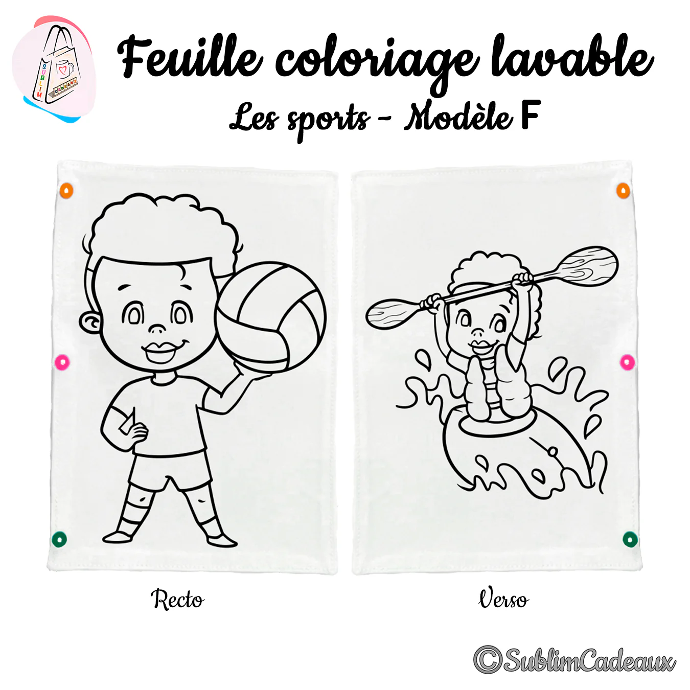 Motif au trait noir sur tissu blanc, un garçon tenant un ballon et un enfant pagayant dans l'eau, feuille lavable à colorier