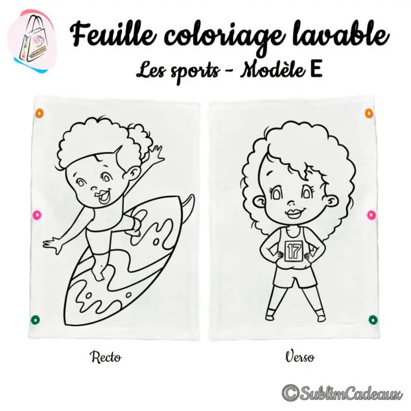 Feuille de coloriage lavable, un enfant surfant sur une vague et une athlète en maillot numéro 17, trait noir à colorier