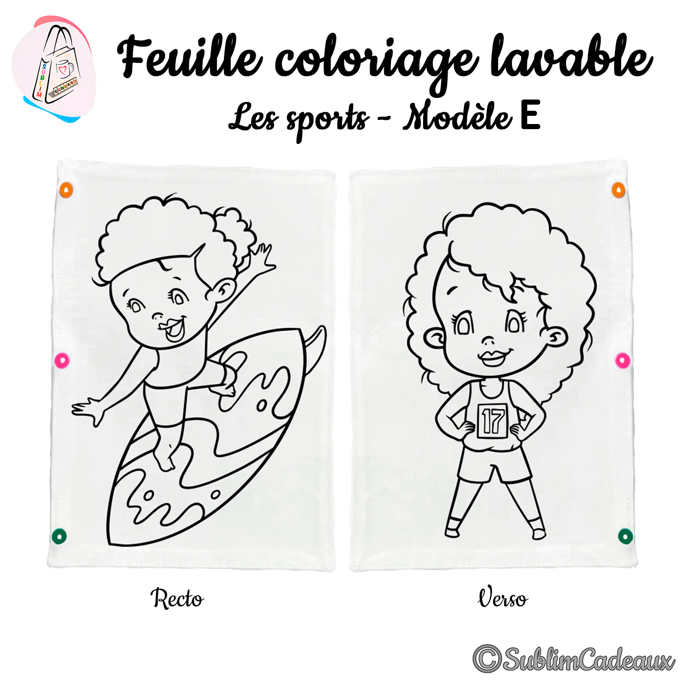 Feuille de coloriage lavable, un enfant surfant sur une vague et une athlète en maillot numéro 17, trait noir à colorier