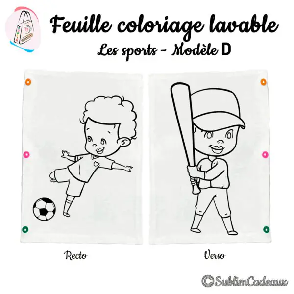 Enfant frappant un ballon de foot et un joueur de baseball avec batte et casquette, trait noir à colorier, tissu lavable