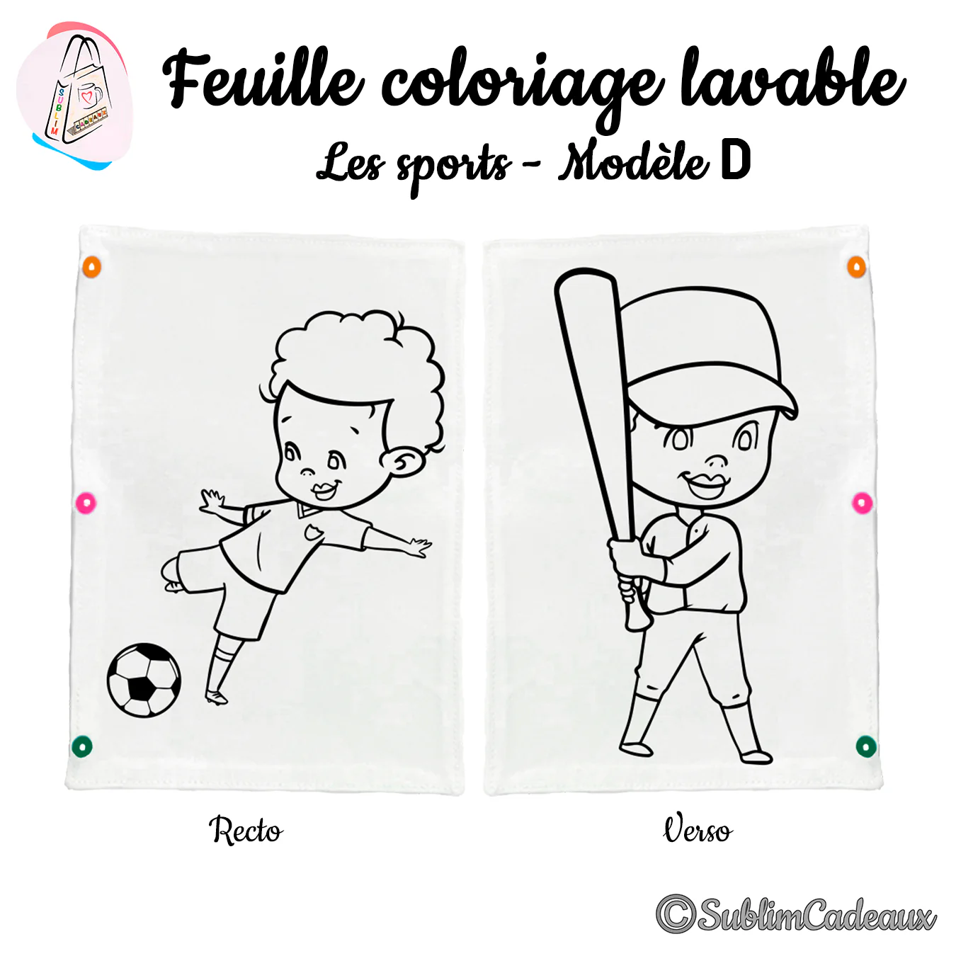 Enfant frappant un ballon de foot et un joueur de baseball avec batte et casquette, trait noir à colorier, tissu lavable