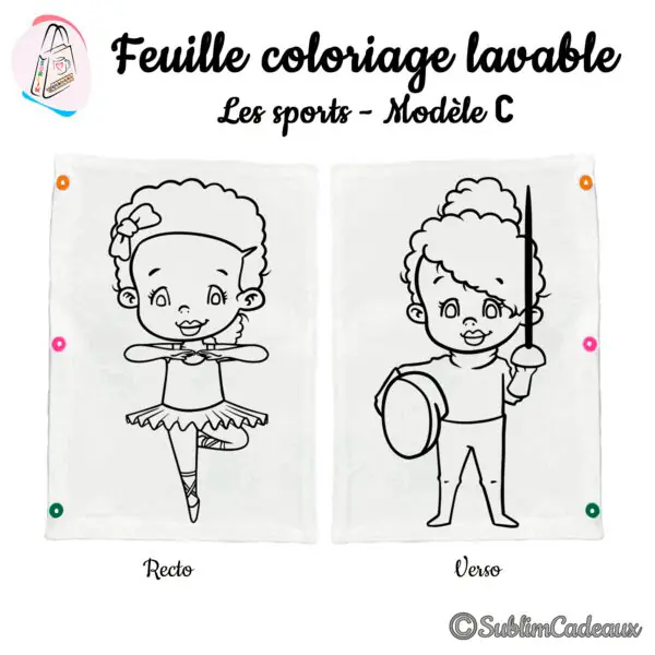 Danseuse en tutu sur pointes et un escrimeur avec fleuret et masque, trait noir à colorier sur feuille lavable, recto verso