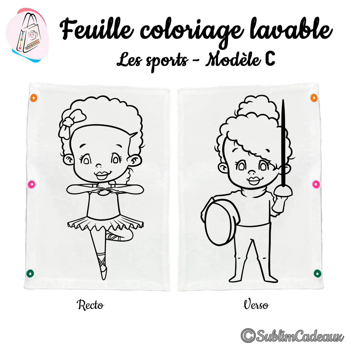 Danseuse en tutu sur pointes et un escrimeur avec fleuret et masque, trait noir à colorier sur feuille lavable, recto verso