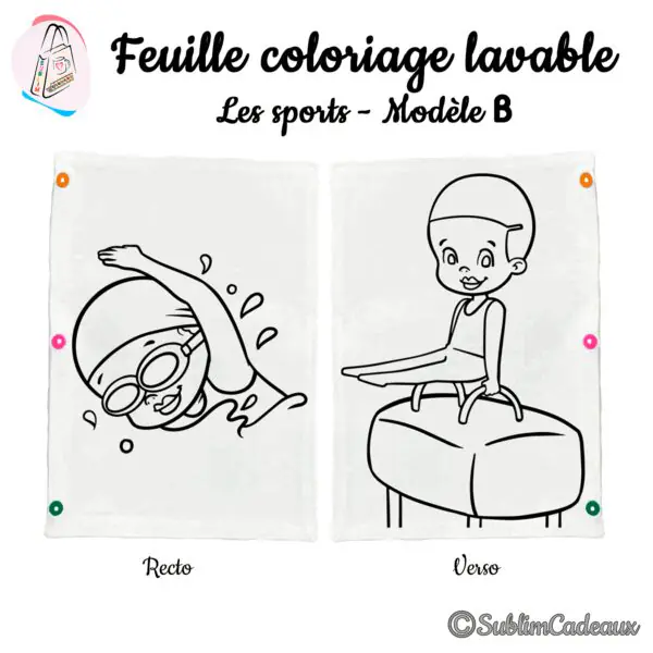 Nageur en bonnet et lunettes et un gymnaste sur un cheval d'arçons, trait noir à colorier sur feuille lavable, recto verso
